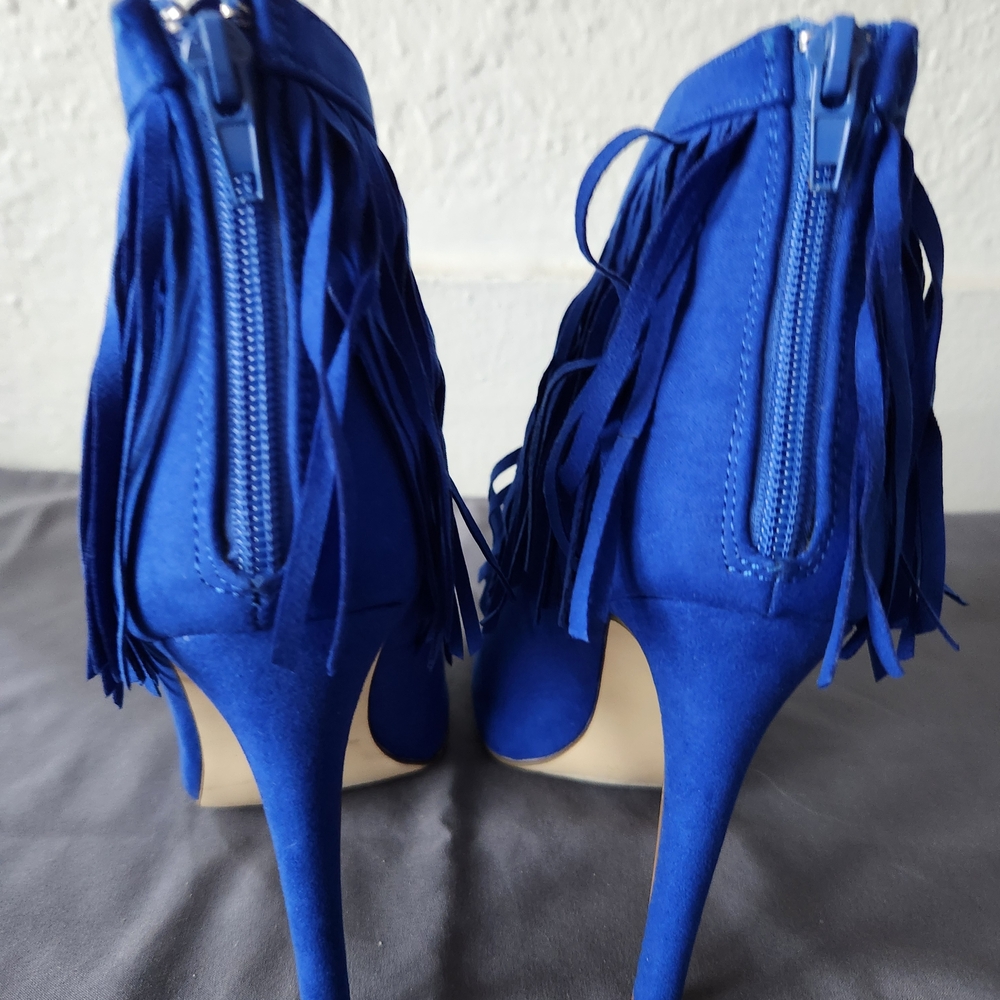 JustFab Royal Blue Fringe Heeled Boots - Picture 2 of 3